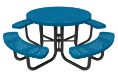 A rhino round thermoplastic steel picnic table with a white background.