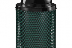 A black trashcan with a dome top and metal mesh in the shape of the can.