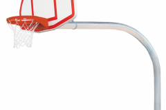 A basketball hoop with a silver pole, red rim and white backboard with red outlines and a white net.