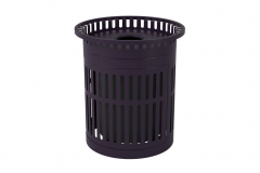 A black trash can with metal cage sides and a hole in the top for trash.
