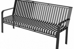 A metal bench with striped metal seats, arms and lets.